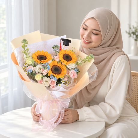 Meadow Success Graduation Bouquet — illustrative lifestyle image with an adult