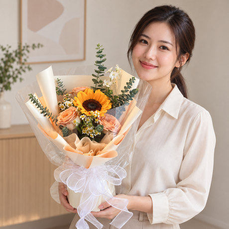 Vintage Dawn Graduation Bouquet — illustrative lifestyle image with an adult