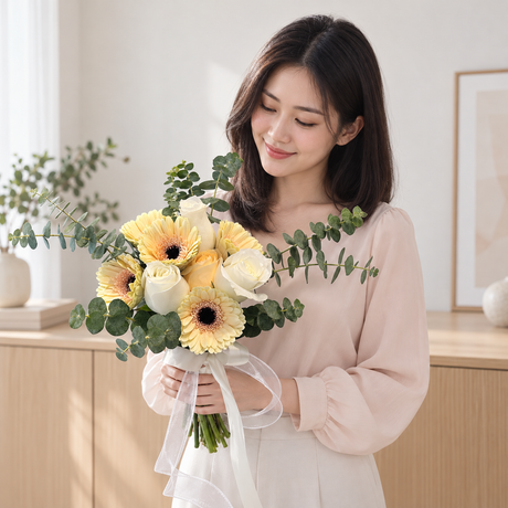 Lemon Meringue Bridal Bouquet — illustrative lifestyle image with an adult