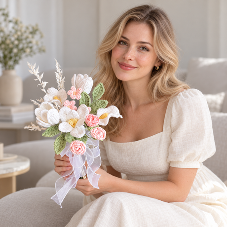Whimsical Thread Bridal Bouquet — illustrative lifestyle image with an adult