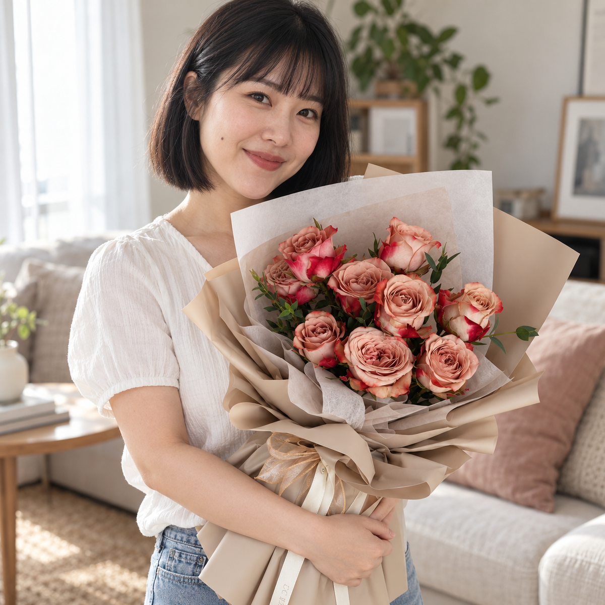 Adore Cappuccino Rose Bouquet held by the recipient.