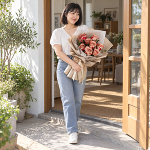 Adore Cappuccino Rose Bouquet held by the same recipient in a wider standing pose.