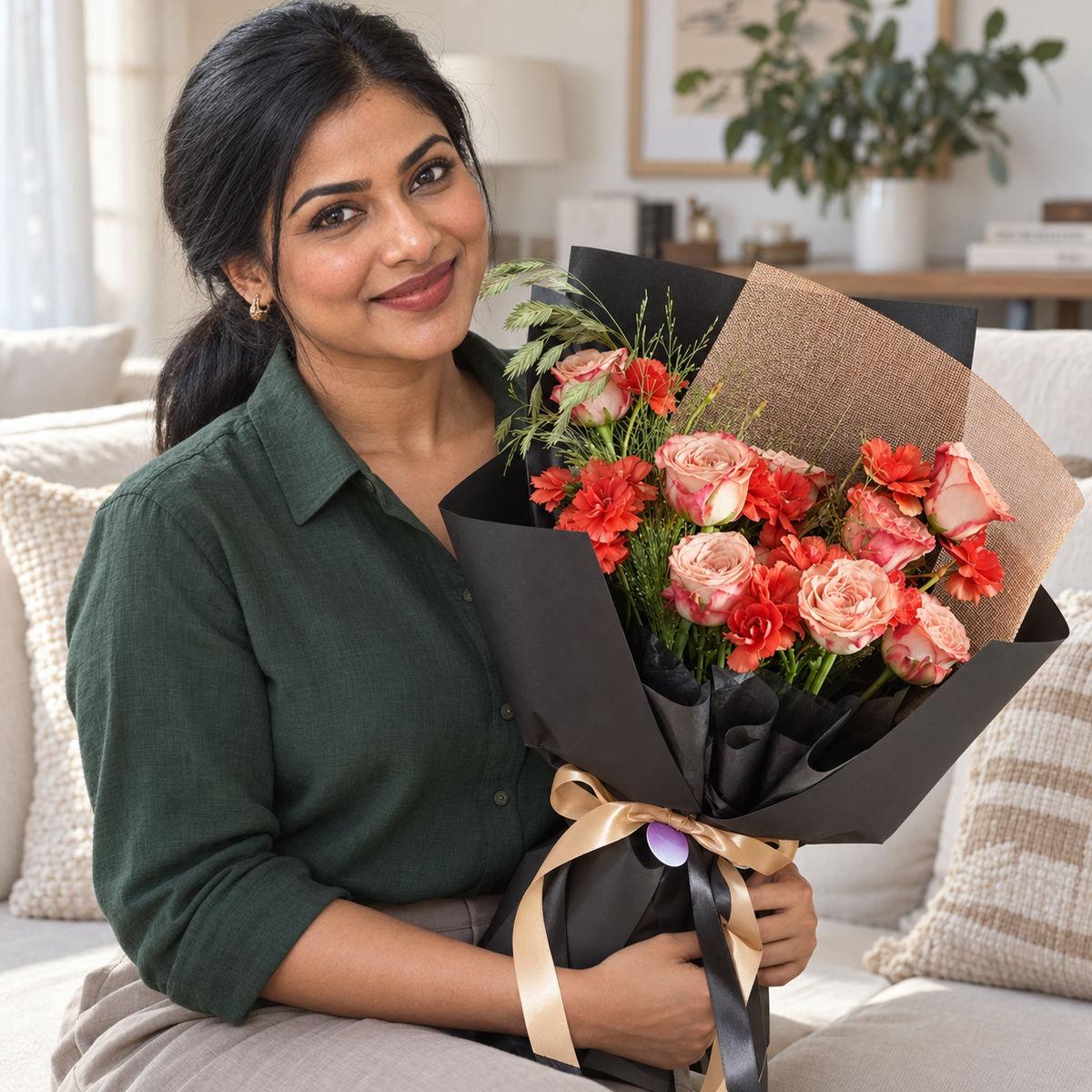 Amora Cappuccino Rose Bouquet held by the recipient.
