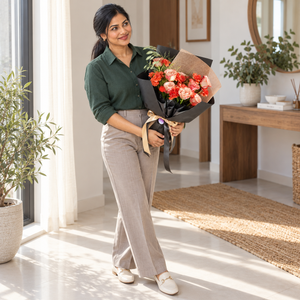 Amora Cappuccino Rose Bouquet held by the same recipient in a wider standing pose.