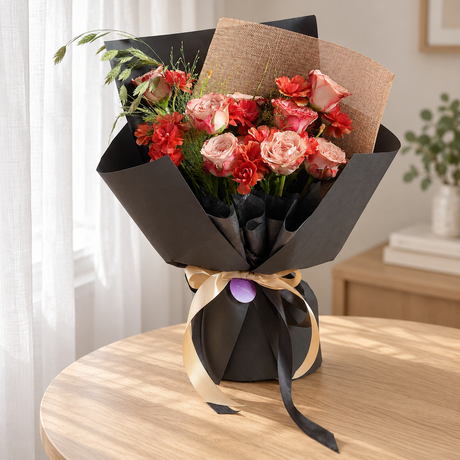 Amora Cappuccino Rose Bouquet — full product photograph in natural window light.