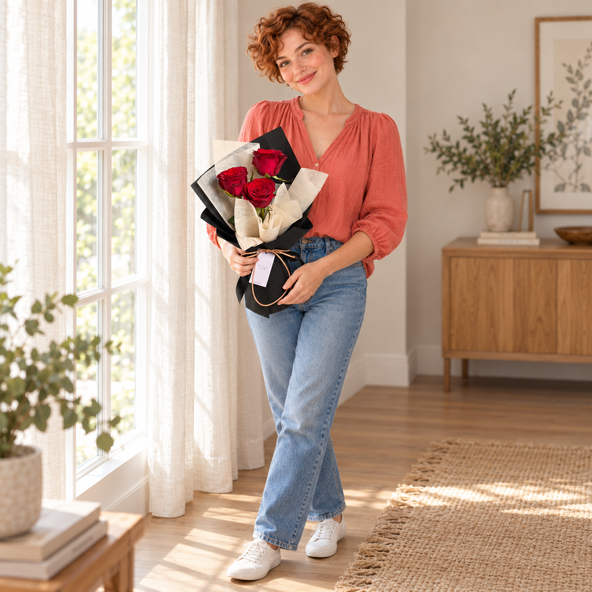Amour Red – 3 Red Roses Bouquet held by the same recipient in a wider standing pose.