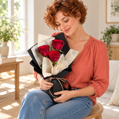 Amour Red – 3 Red Roses Bouquet held by the same recipient in a seated candid pose.