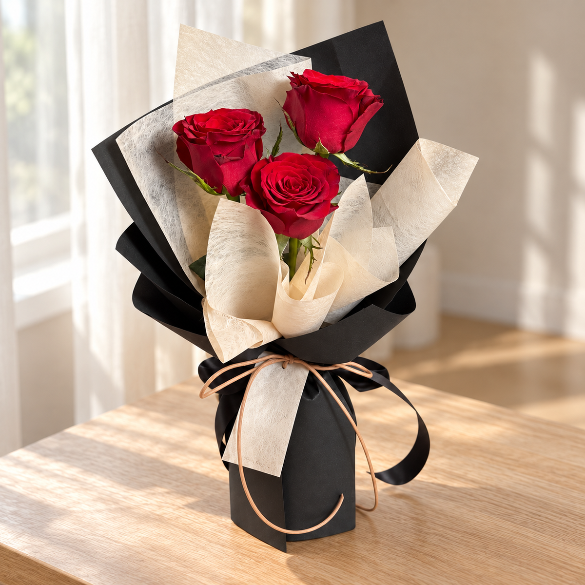 Amour Red – 3 Red Roses Bouquet — full product photograph in natural window light.