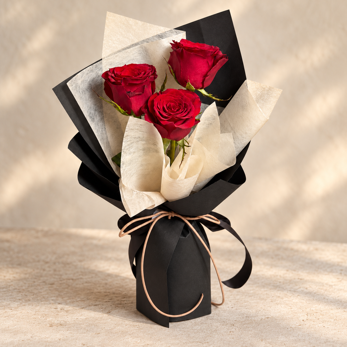 Amour Red – 3 Red Roses Bouquet — alternate full product photograph in a neutral interior.
