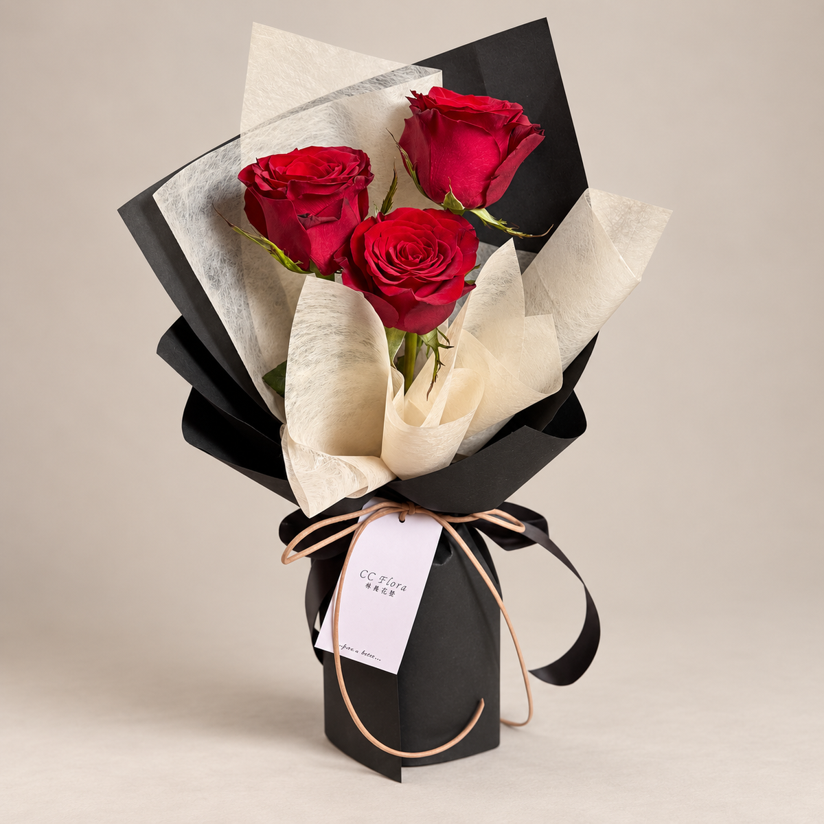 Amour Red – 3 Red Roses Bouquet — professional studio product photograph.