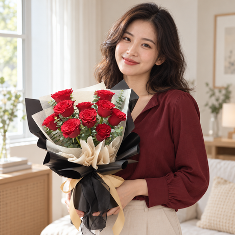 Amour Red Rose Bouquet held by the recipient.