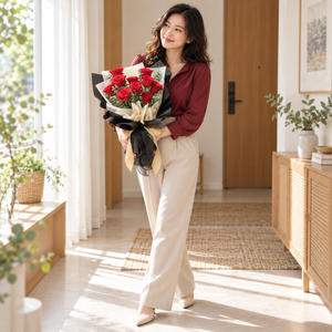 Amour Red Rose Bouquet held by the same recipient in a wider standing pose.