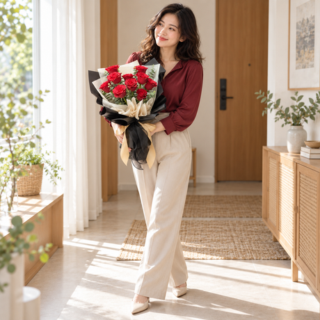 Amour Red Rose Bouquet held by the same recipient in a wider standing pose.