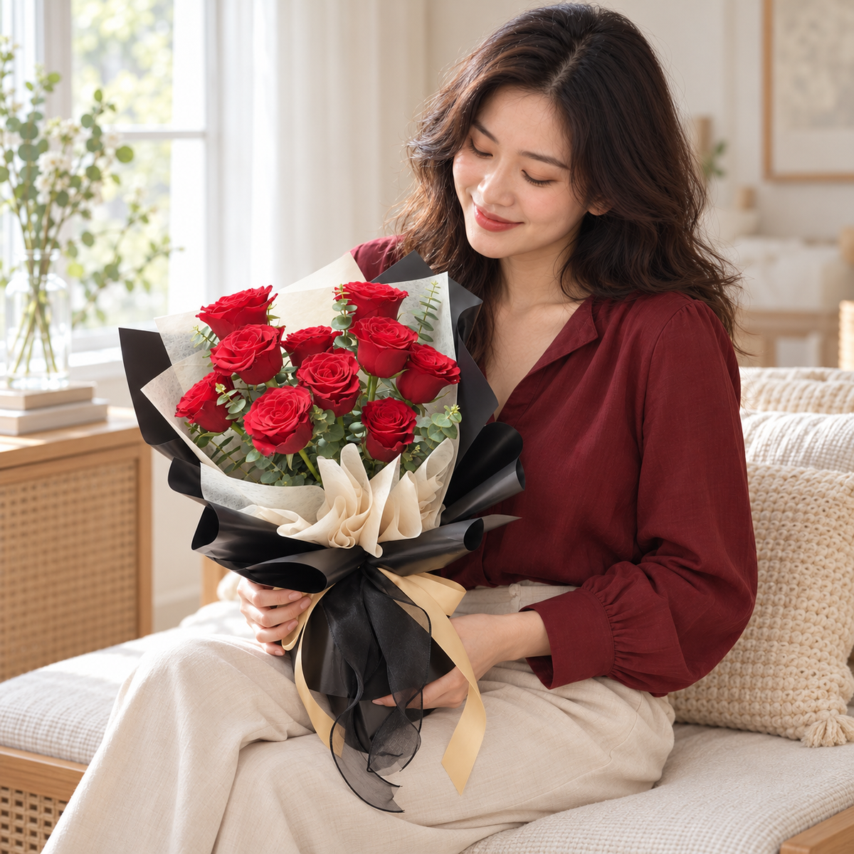 Amour Red Rose Bouquet held by the same recipient in a seated candid pose.