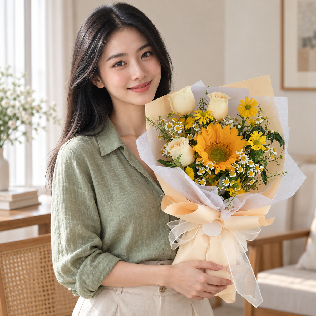 Aurora Sunflower & Rose Bouquet held by the recipient.