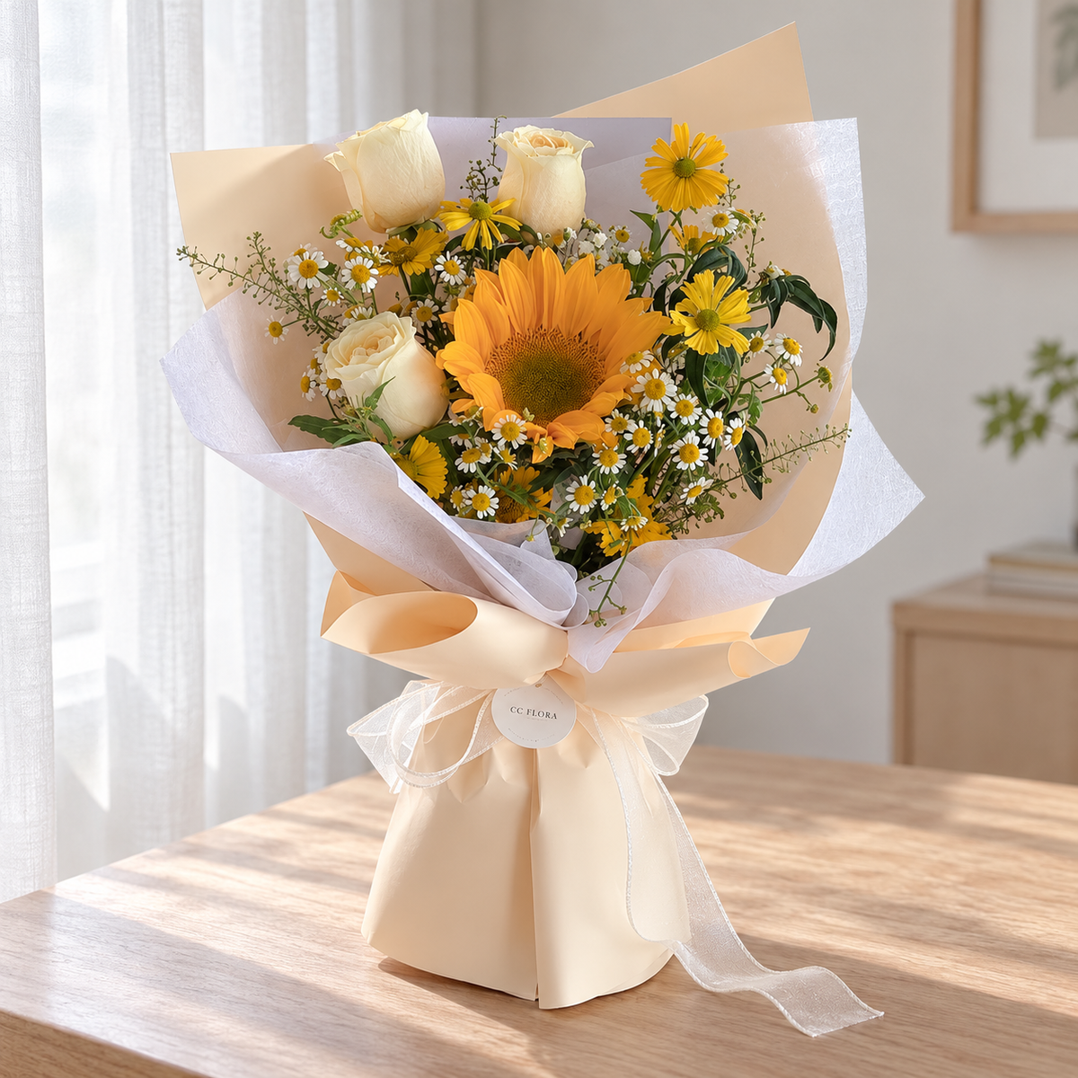 Aurora Sunflower & Rose Bouquet — full product photograph in natural window light.