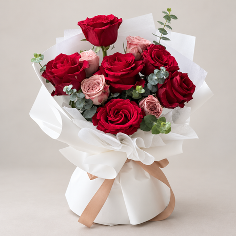 Beloved Ruby Red & Cappuccino Rose Bouquet — professional studio product photograph.