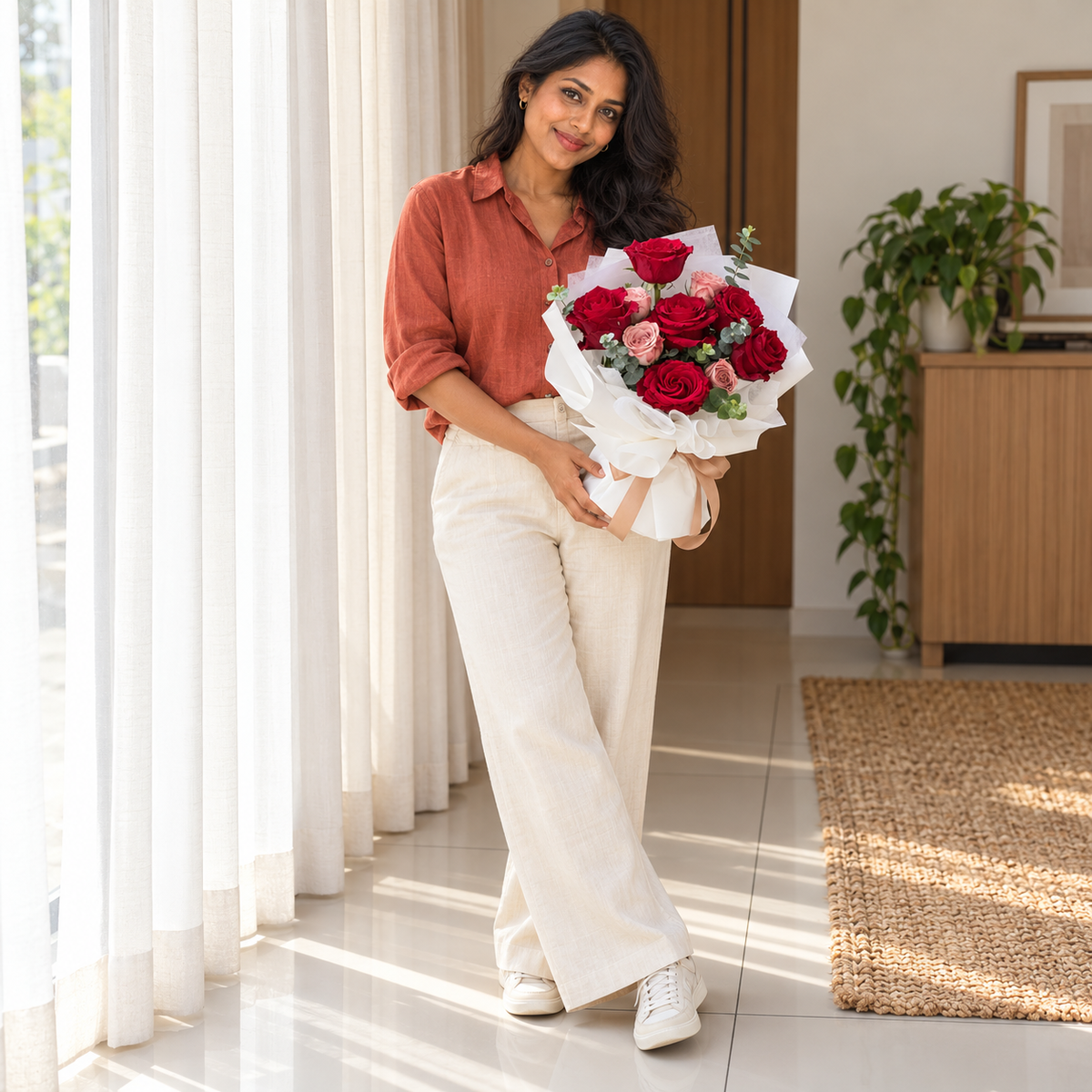 Beloved Ruby Red & Cappuccino Rose Bouquet held by the same recipient in a wider standing pose.