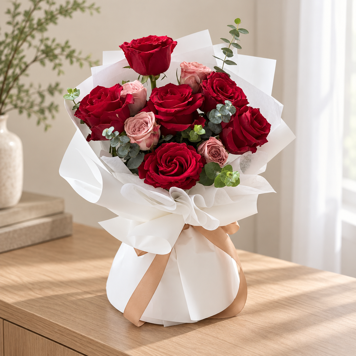 Beloved Ruby Red & Cappuccino Rose Bouquet — full product photograph in a softly lit neutral interior.