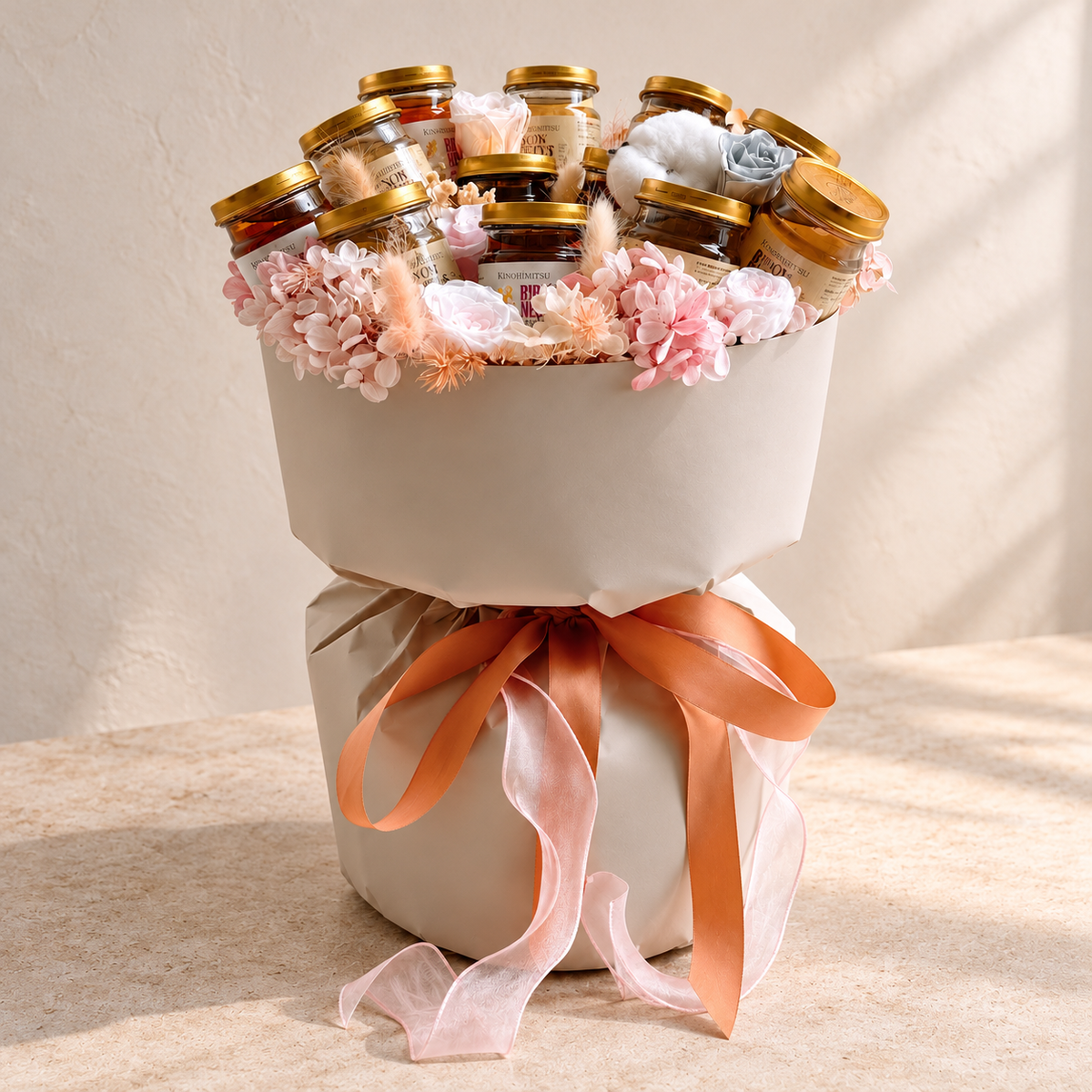 Birdnest Bouquet with Preserved Flowers — alternate full product photograph in a neutral interior.