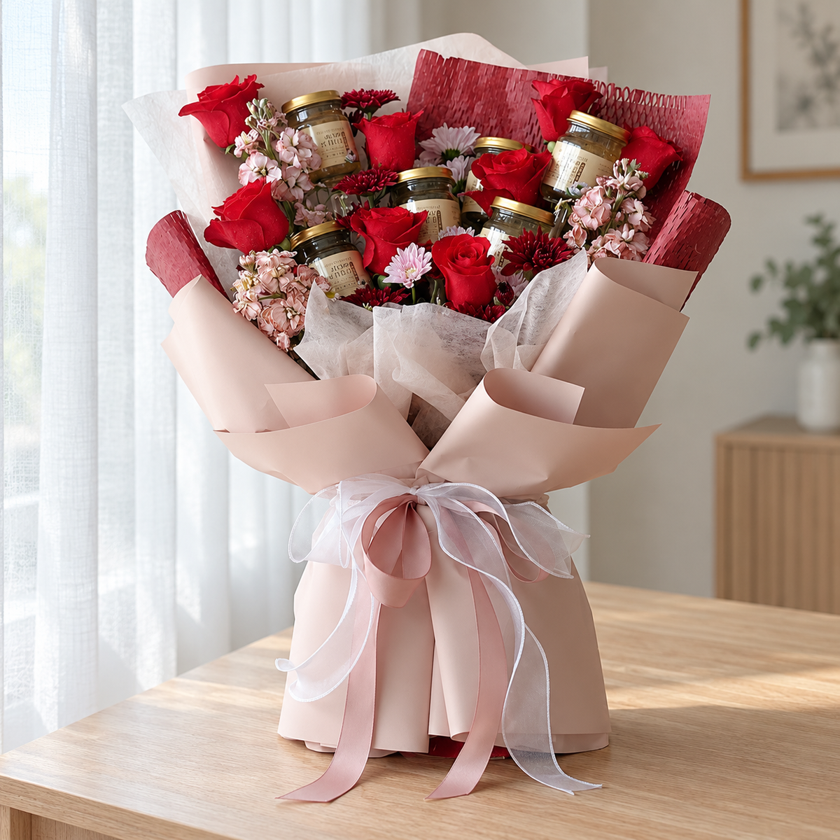 Birdnest Bouquet with Red Roses — full product photograph in natural window light.