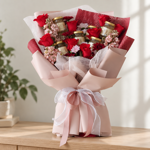 Birdnest Bouquet with Red Roses — alternate full product photograph in a neutral interior.