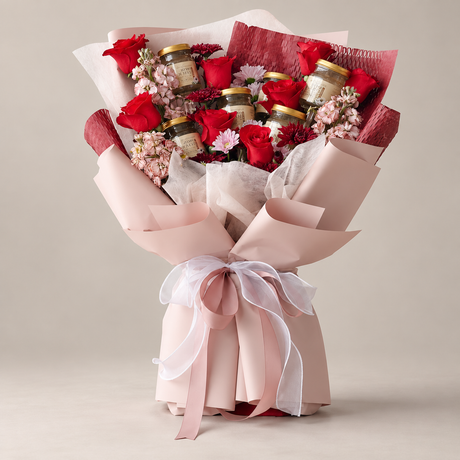 Birdnest Bouquet with Red Roses: red rose bouquet with 6 bottles of bird's nest