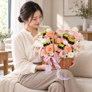 Birdnest in Basket – Rose Flower Basket — held by the same recipient in a seated candid pose.