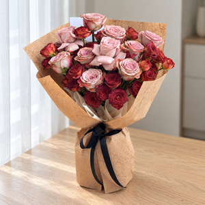 Cappuccino Bubble Rose Bouquet — full product photograph in natural window light.