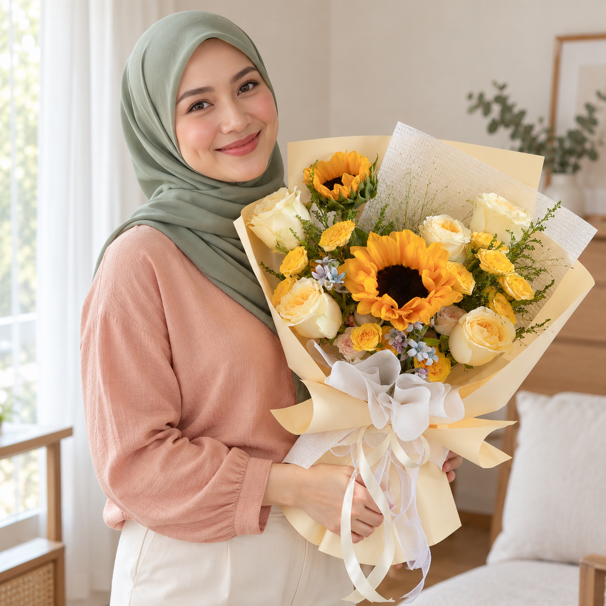 Dawn Sunflower & Yellow Rose Bouquet held by the recipient.