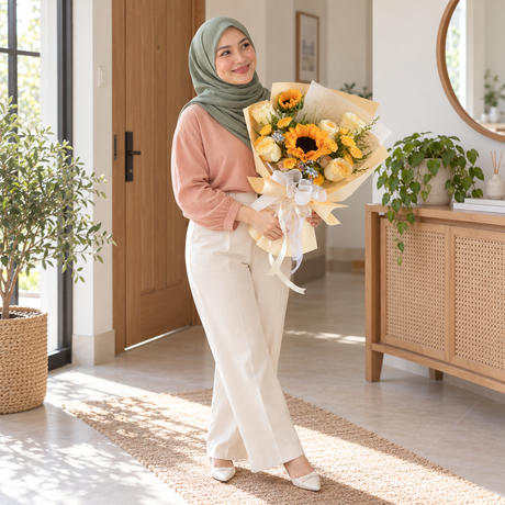 Dawn Sunflower & Yellow Rose Bouquet held by the same recipient in a wider standing pose.