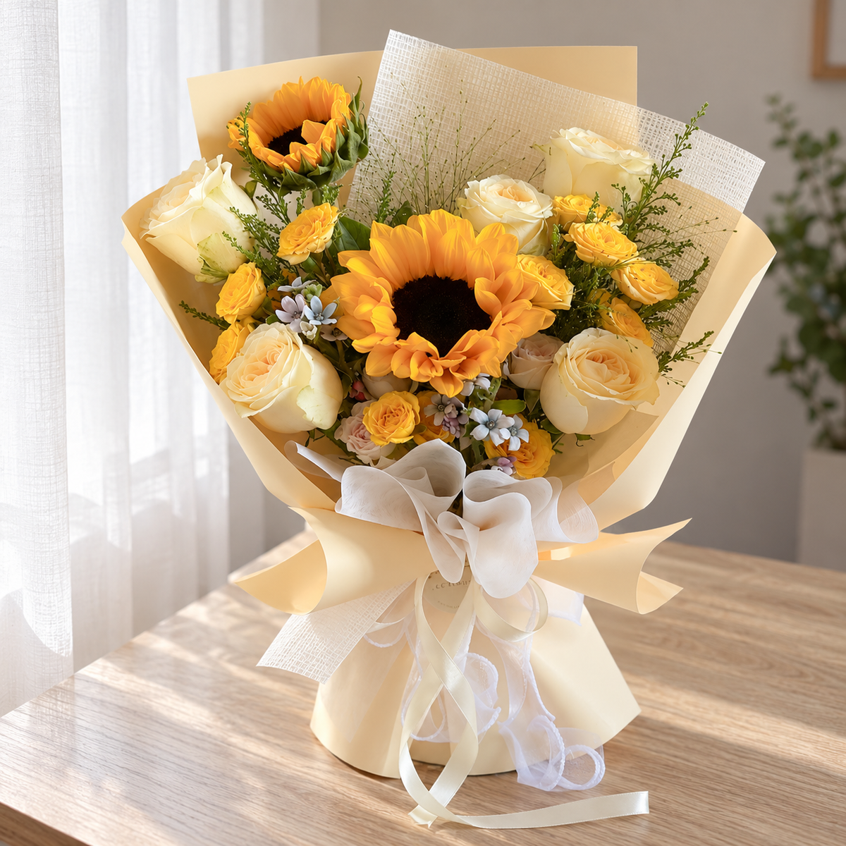 Dawn Sunflower & Yellow Rose Bouquet — full product photograph in natural window light.