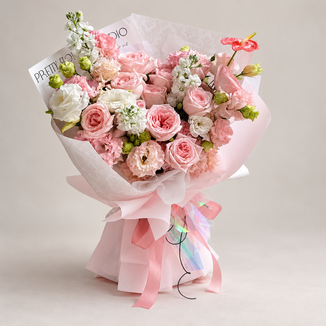 Élise Pink Rose, Stock & Eustoma Bouquet — professional studio product photograph.
