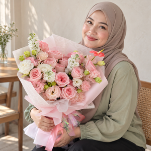 Élise Pink Rose, Stock & Eustoma Bouquet held by the recipient.