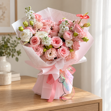 Élise Pink Rose, Stock & Eustoma Bouquet — full product photograph in a softly lit neutral interior.