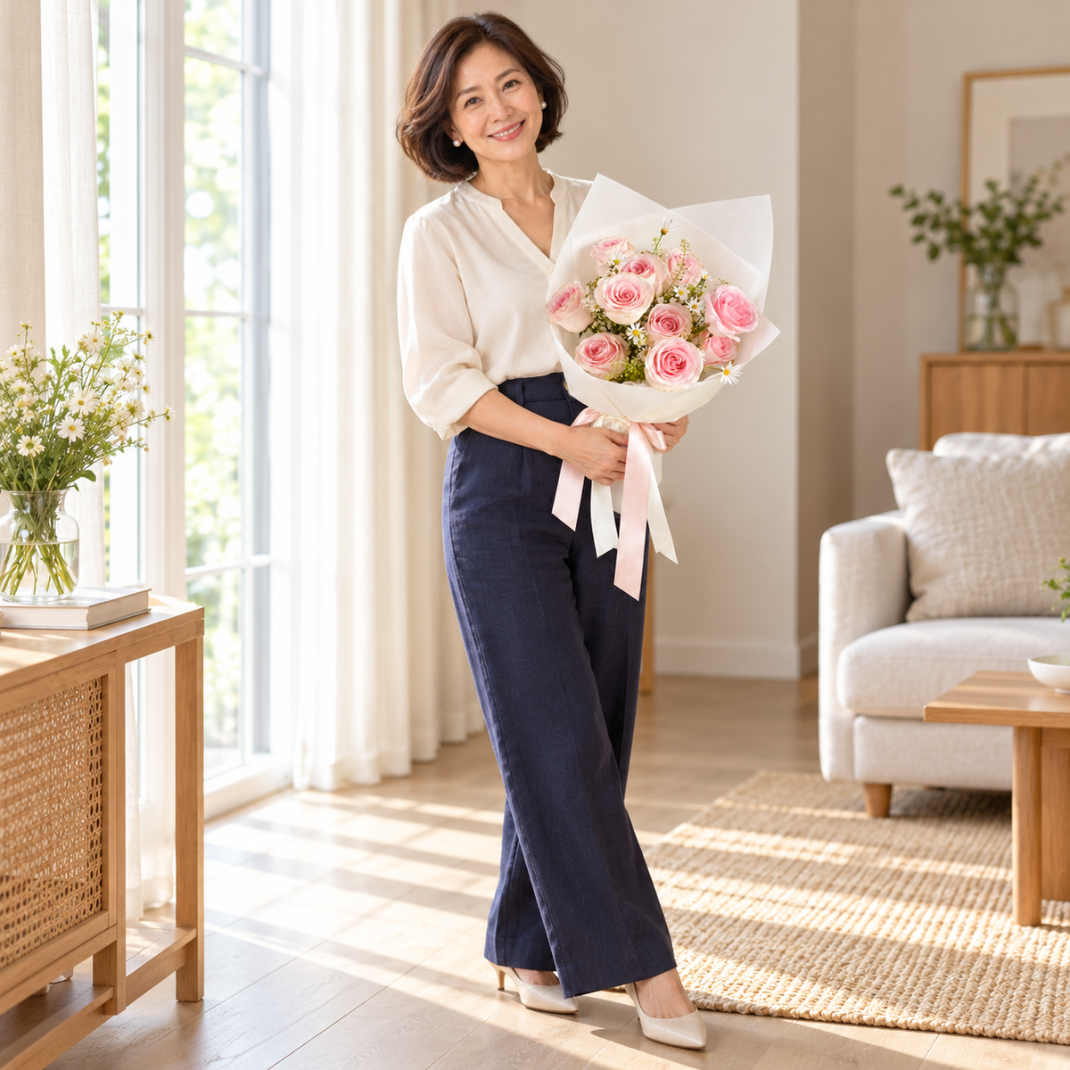 Eternel Pink Rose Bouquet held by the same recipient in a wider standing pose.