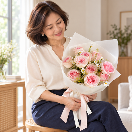 Eternel Pink Rose Bouquet held by the same recipient in a seated candid pose.
