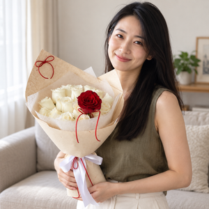 Eternel White & Red Rose Bouquet held by the recipient.