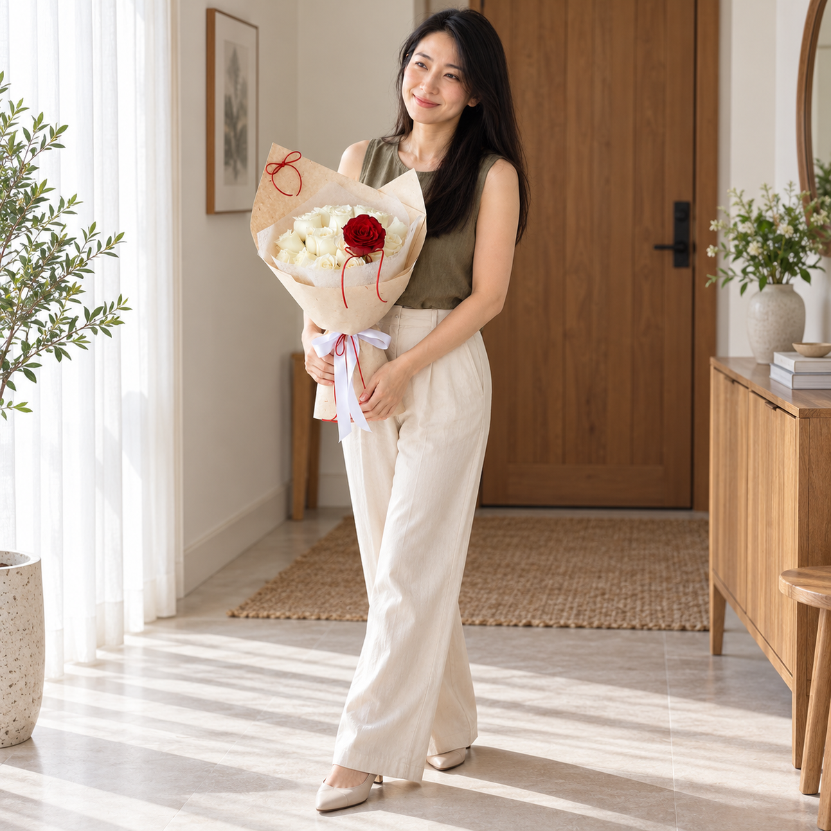 Eternel White & Red Rose Bouquet held by the same recipient in a wider standing pose.