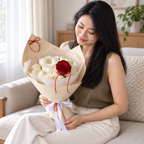 Eternel White & Red Rose Bouquet held by the same recipient in a seated candid pose.