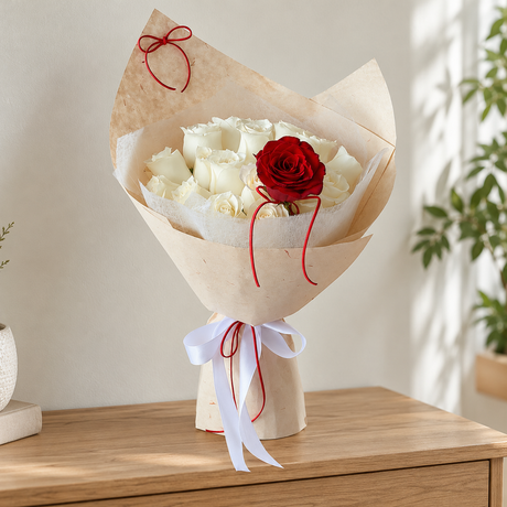 Eternel White & Red Rose Bouquet — alternate full product photograph in a neutral interior.