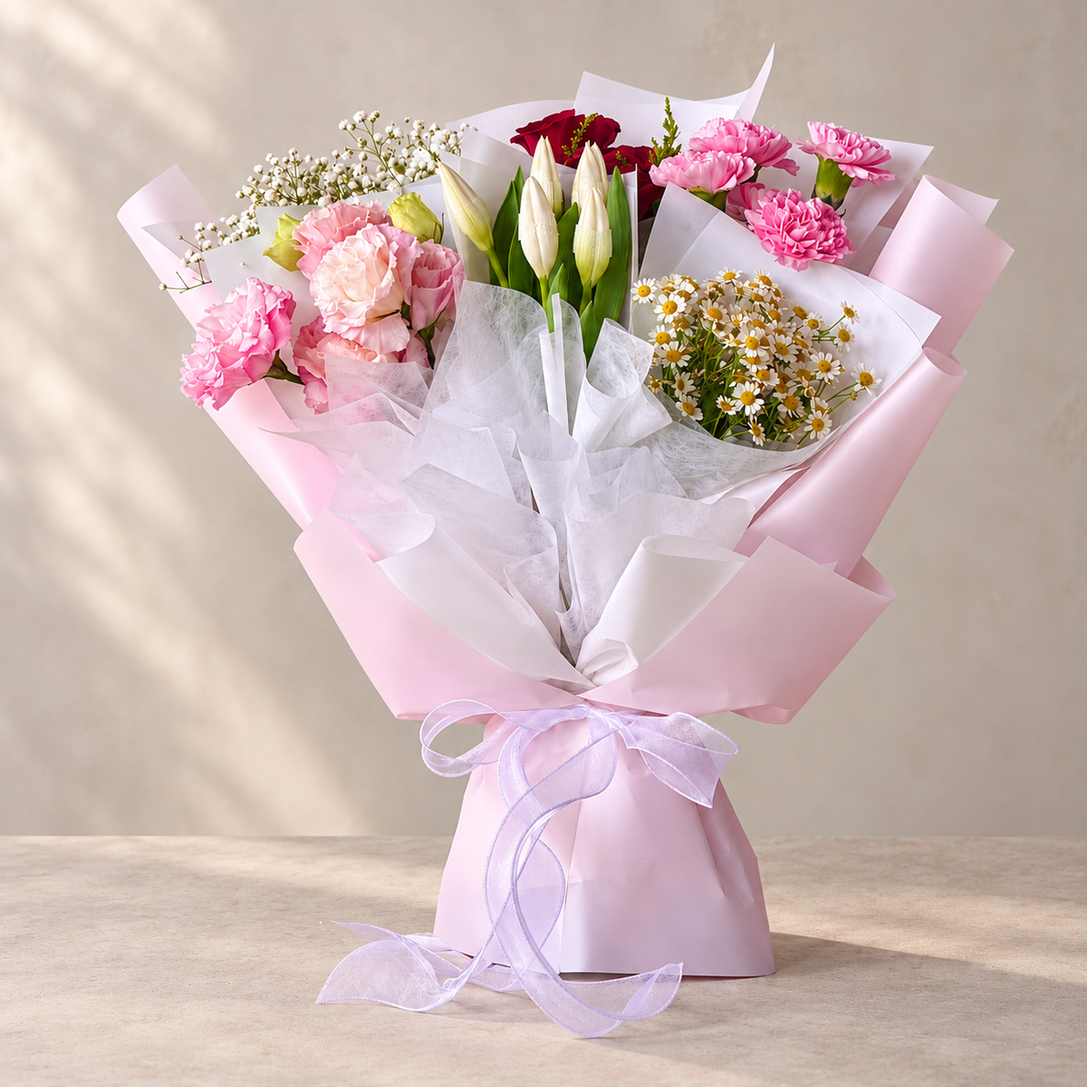 Fantasy Grace Tulip, Rose & Carnation Bouquet — alternate full product photograph in a neutral interior.