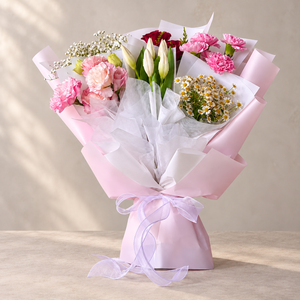 Fantasy Grace Tulip, Rose & Carnation Bouquet — alternate full product photograph in a neutral interior.