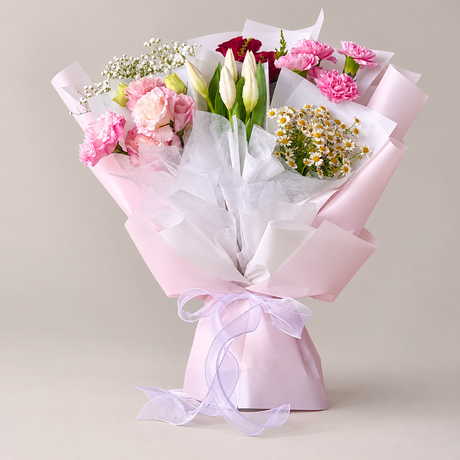Fantasy Grace Tulip, Rose & Carnation Bouquet — professional studio product photograph.
