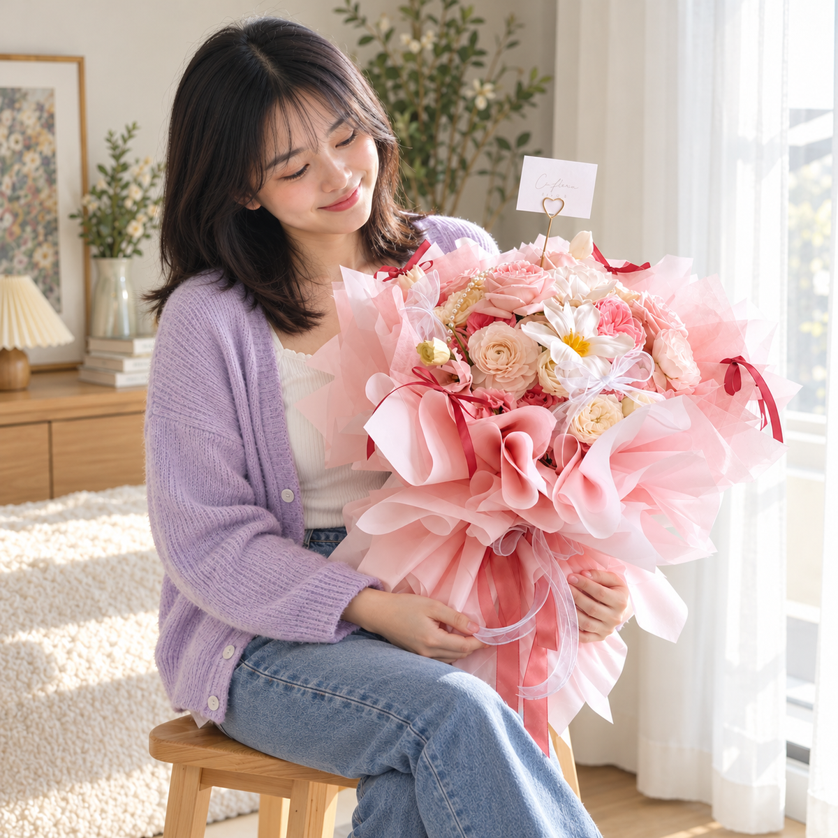 Giselle Ballets Luxe Mixed Flower Bouquet held by the same recipient in a seated candid pose.