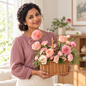 Harmonia Garden Pink Flower Basket — held by its recipient.