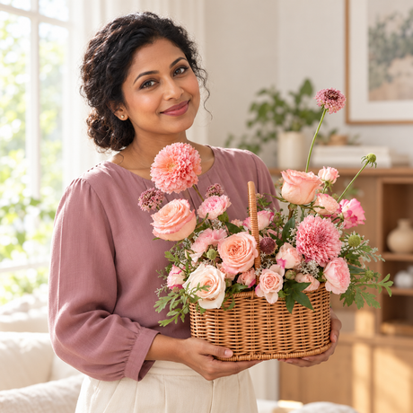Harmonia Garden Pink Flower Basket — held by its recipient.