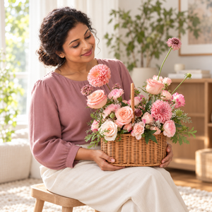 Harmonia Garden Pink Flower Basket — held by the same recipient in a seated candid pose.