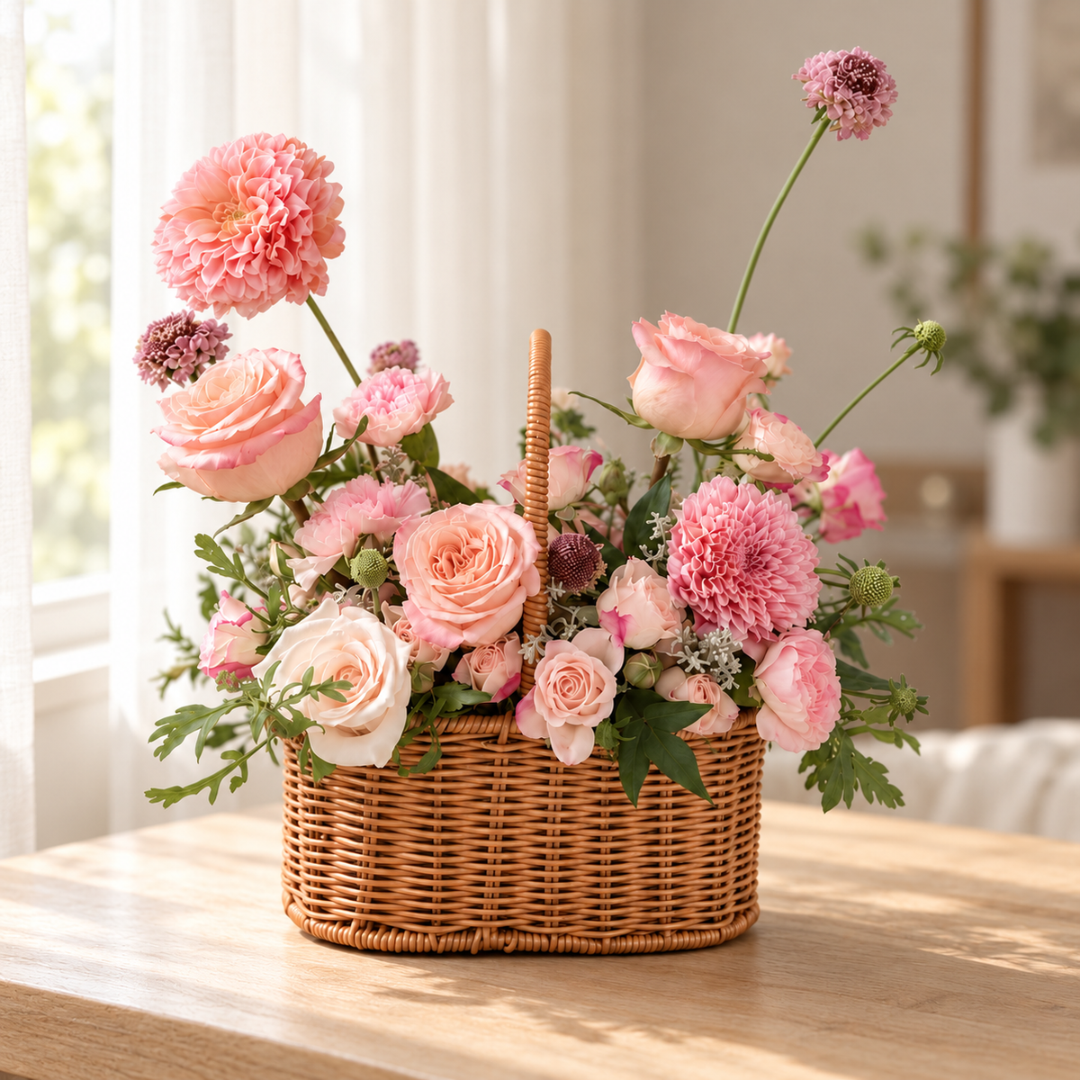 Harmonia Garden Pink Flower Basket — full product photograph in natural window light.