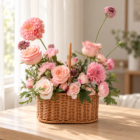 Harmonia Garden Pink Flower Basket — full product photograph in natural window light.